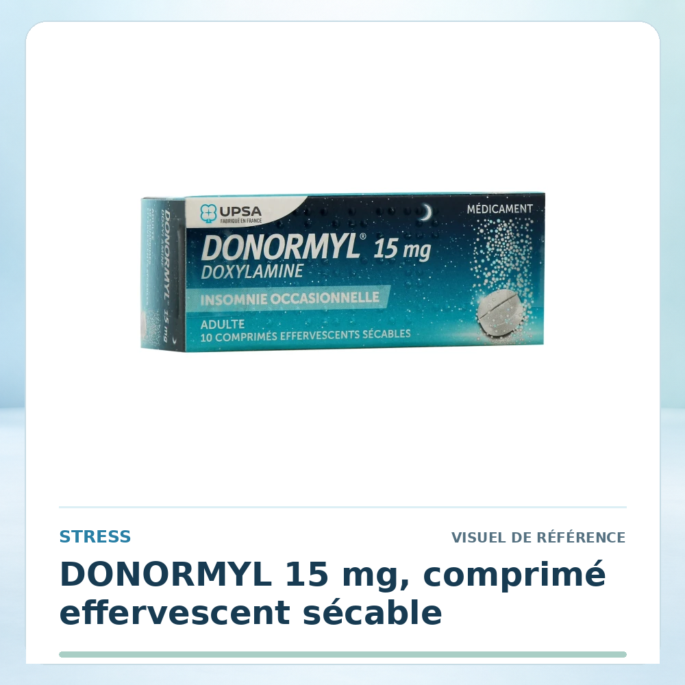 Visuel de référence : DONORMYL 15 mg, comprimé effervescent sécable — vérifier la présentation à l’officine