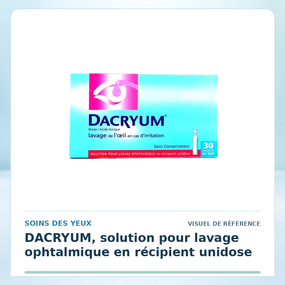 Visuel de référence : DACRYUM, solution pour lavage ophtalmique en récipient unidose — vérifier la présentation à l’officine