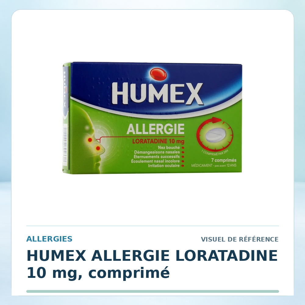 Visuel de référence : HUMEX ALLERGIE LORATADINE 10 mg, comprimé — vérifier la présentation à l’officine
