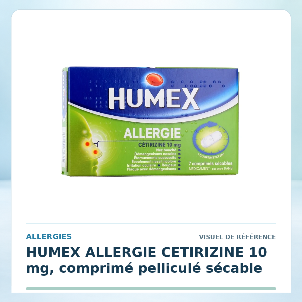 Visuel de référence : HUMEX ALLERGIE CETIRIZINE 10 mg, comprimé pelliculé sécable — vérifier la présentation à l’officine