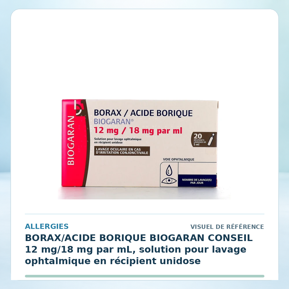 Visuel de référence : BORAX/ACIDE BORIQUE BIOGARAN CONSEIL 12 mg/18 mg par mL, solution pour lavage ophtalmique en récipient unidose — vérifier la présentation à l’officine
