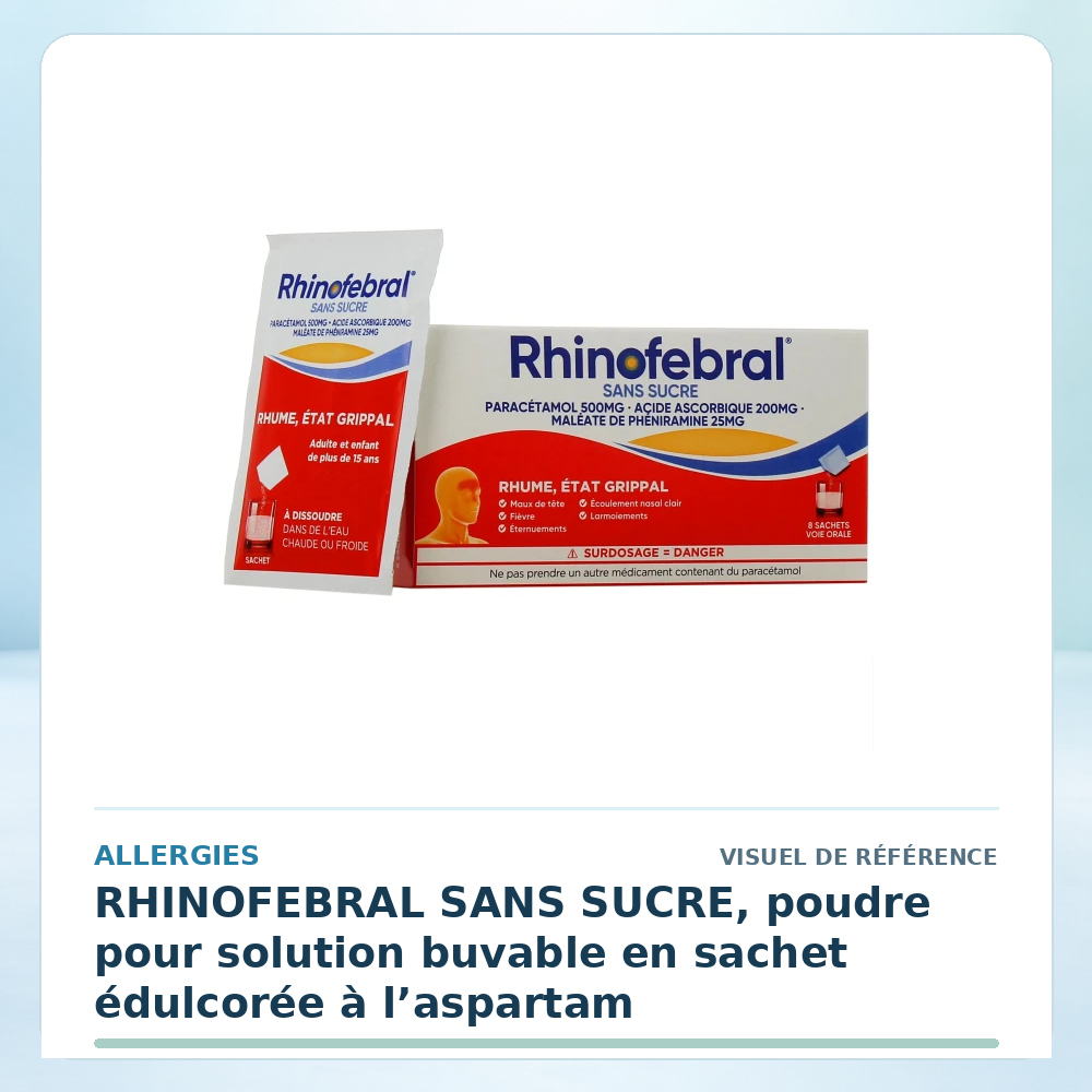 Visuel de référence : RHINOFEBRAL SANS SUCRE, poudre pour solution buvable en sachet édulcorée à l’aspartam — vérifier la présentation à l’officine