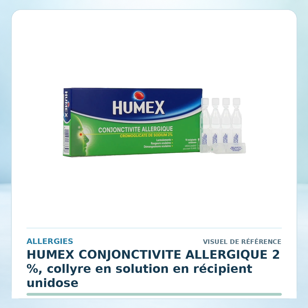 Visuel de référence : HUMEX CONJONCTIVITE ALLERGIQUE 2 %, collyre en solution en récipient unidose — vérifier la présentation à l’officine