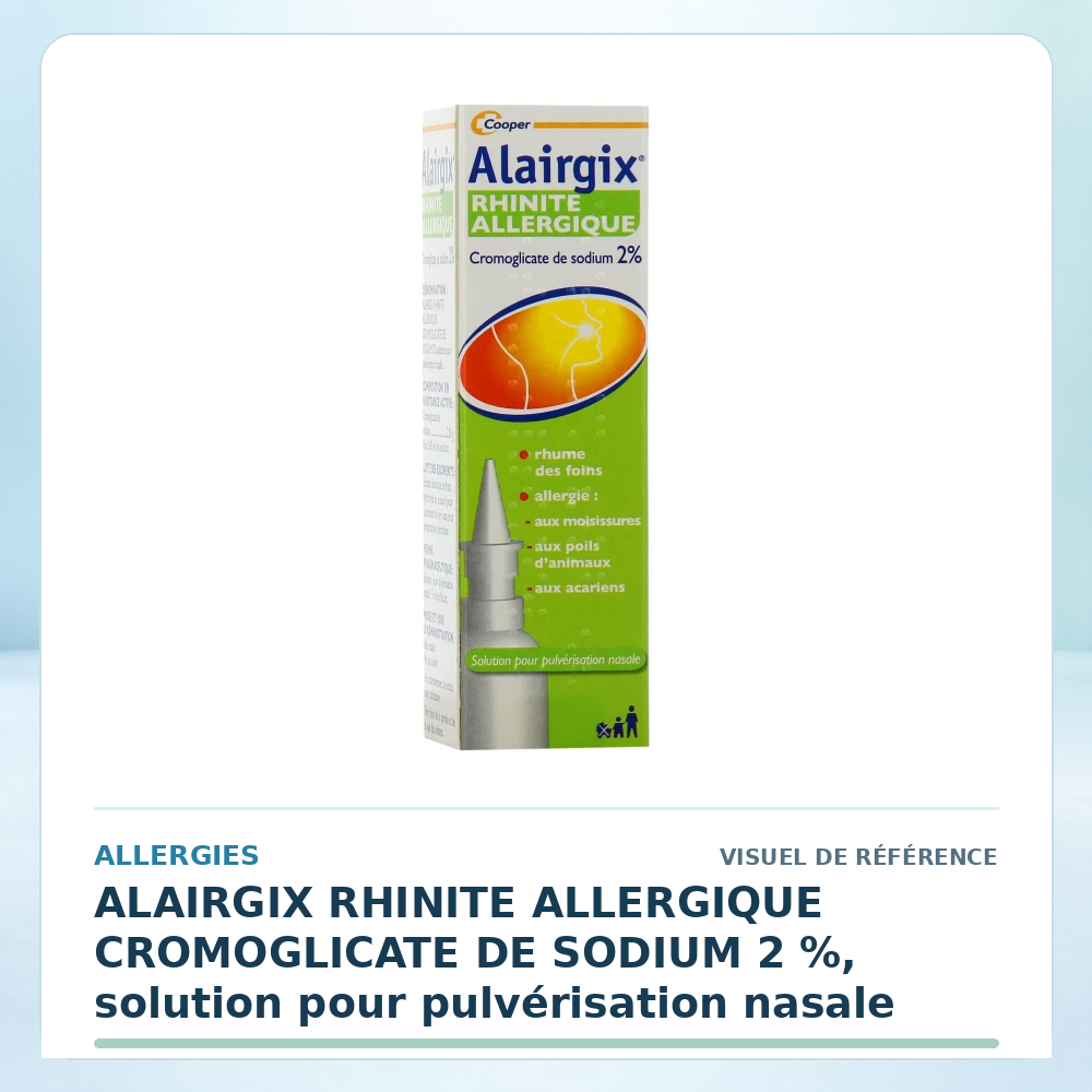 Visuel de référence : ALAIRGIX RHINITE ALLERGIQUE CROMOGLICATE DE SODIUM 2 %, solution pour pulvérisation nasale — vérifier la présentation à l’officine