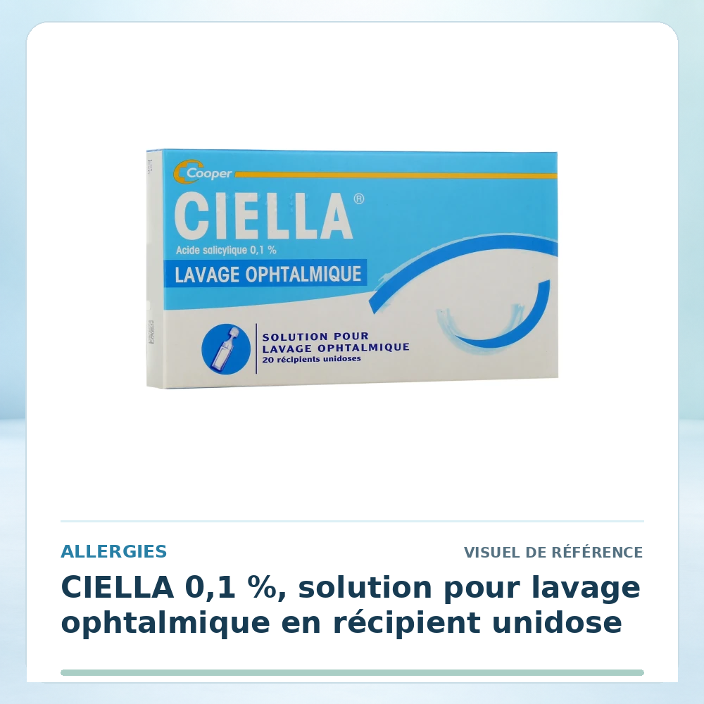 Visuel de référence : CIELLA 0,1 %, solution pour lavage ophtalmique en récipient unidose — vérifier la présentation à l’officine