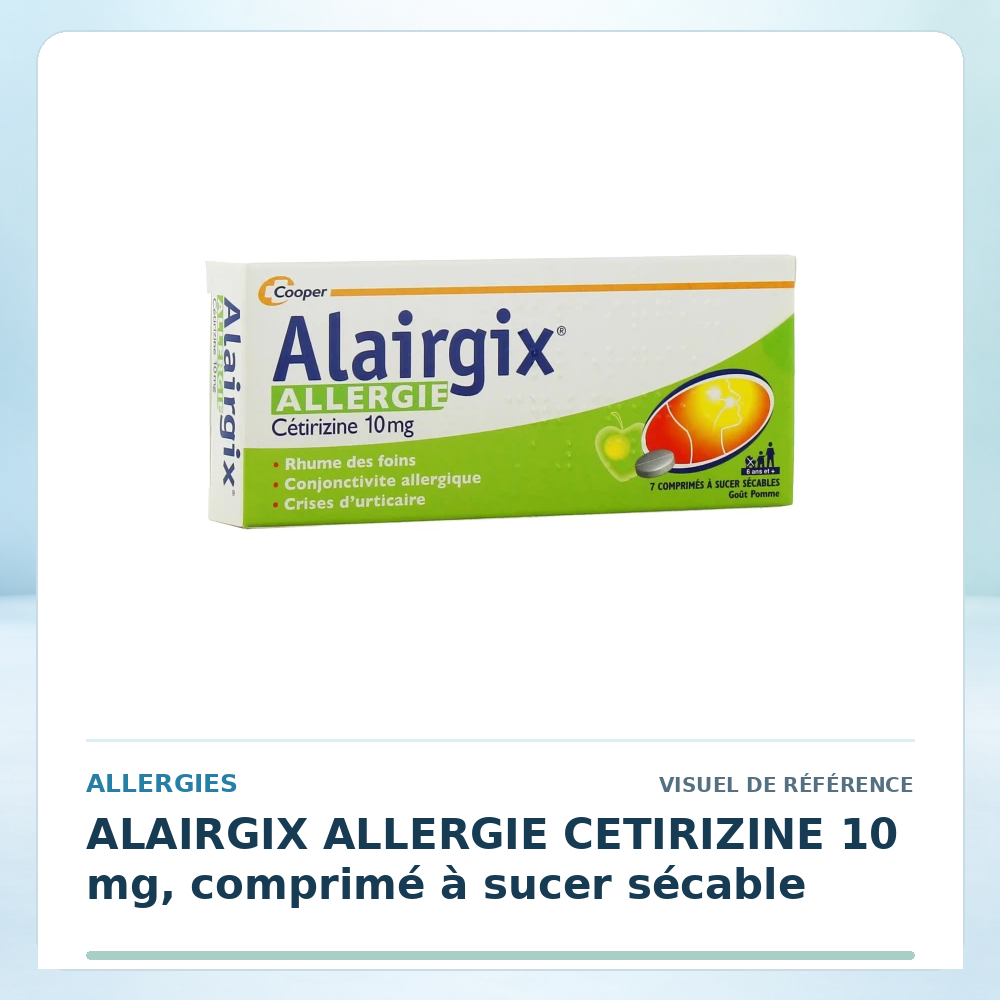 Visuel de référence : ALAIRGIX ALLERGIE CETIRIZINE 10 mg, comprimé à sucer sécable — vérifier la présentation à l’officine