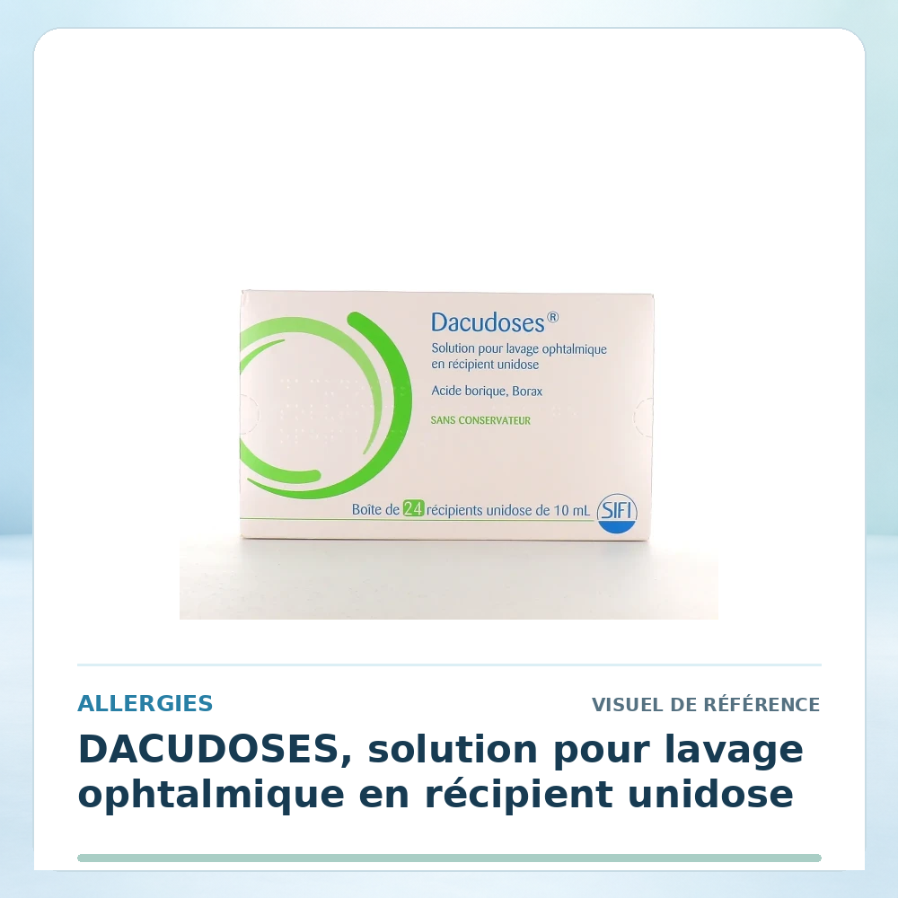 Visuel de référence : DACUDOSES, solution pour lavage ophtalmique en récipient unidose — vérifier la présentation à l’officine