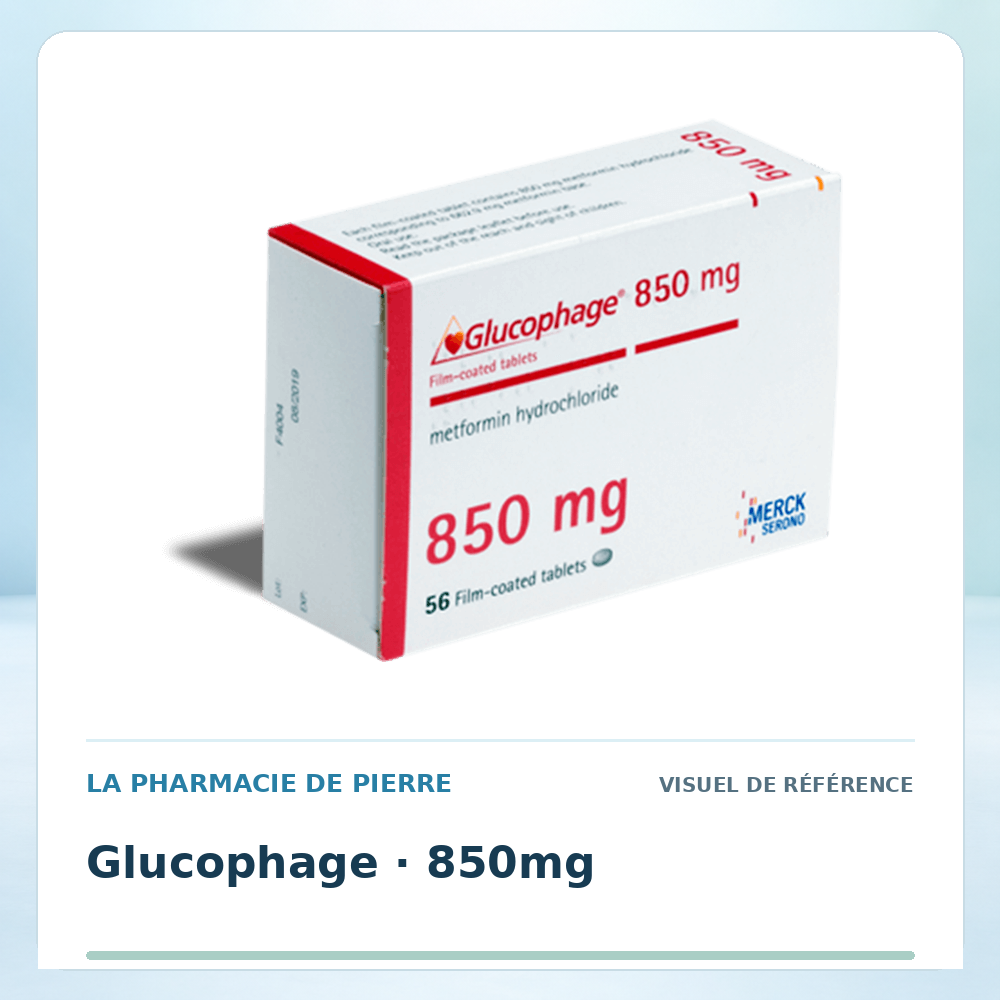 Visuel de référence : Glucophage 850 mg — 56 comprimés