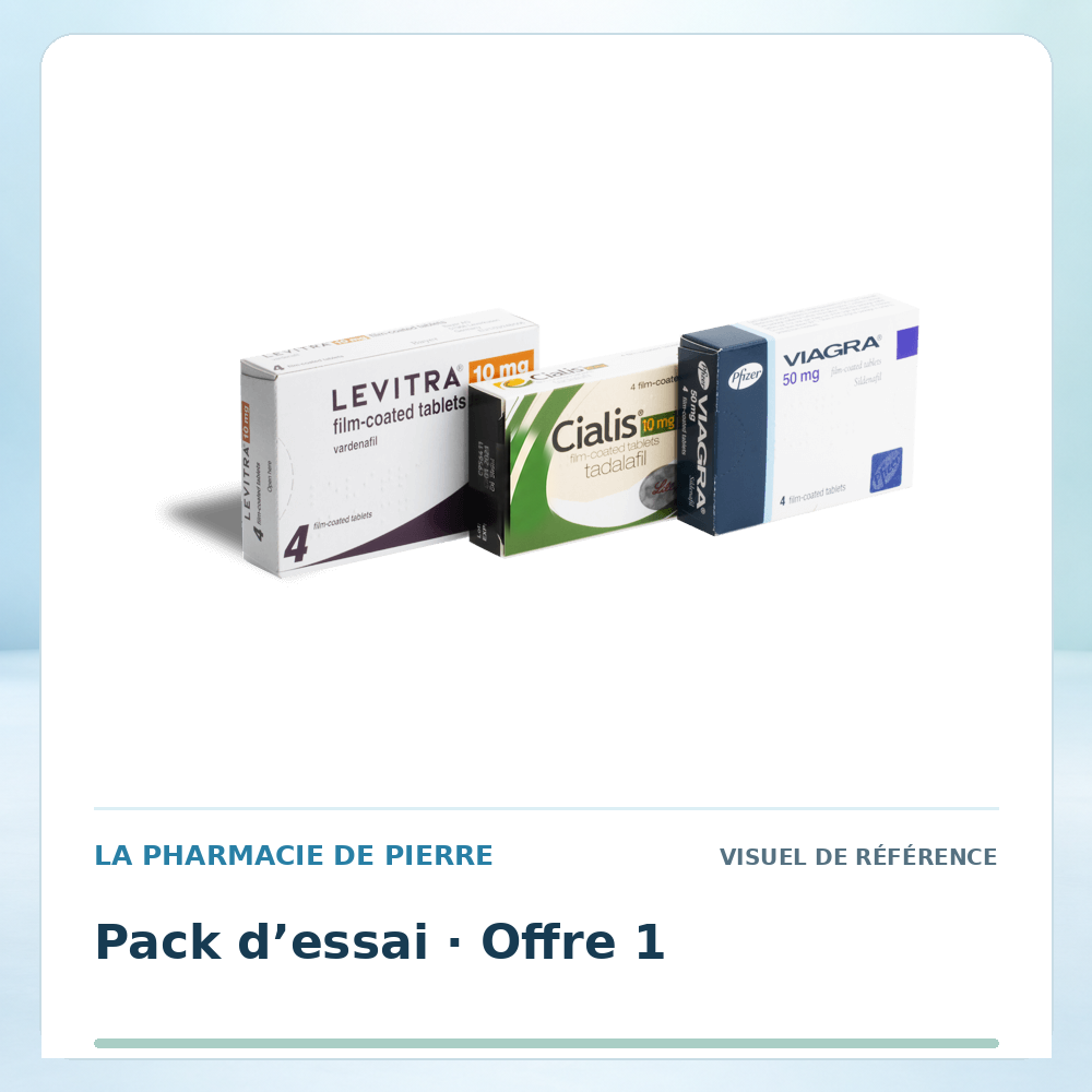 Visuel de référence : Pack d’essai n°1 Viagra 50 mg × 4 + Cialis 10 mg × 4 + Vardénafil 10 mg × 4 — 1 pack