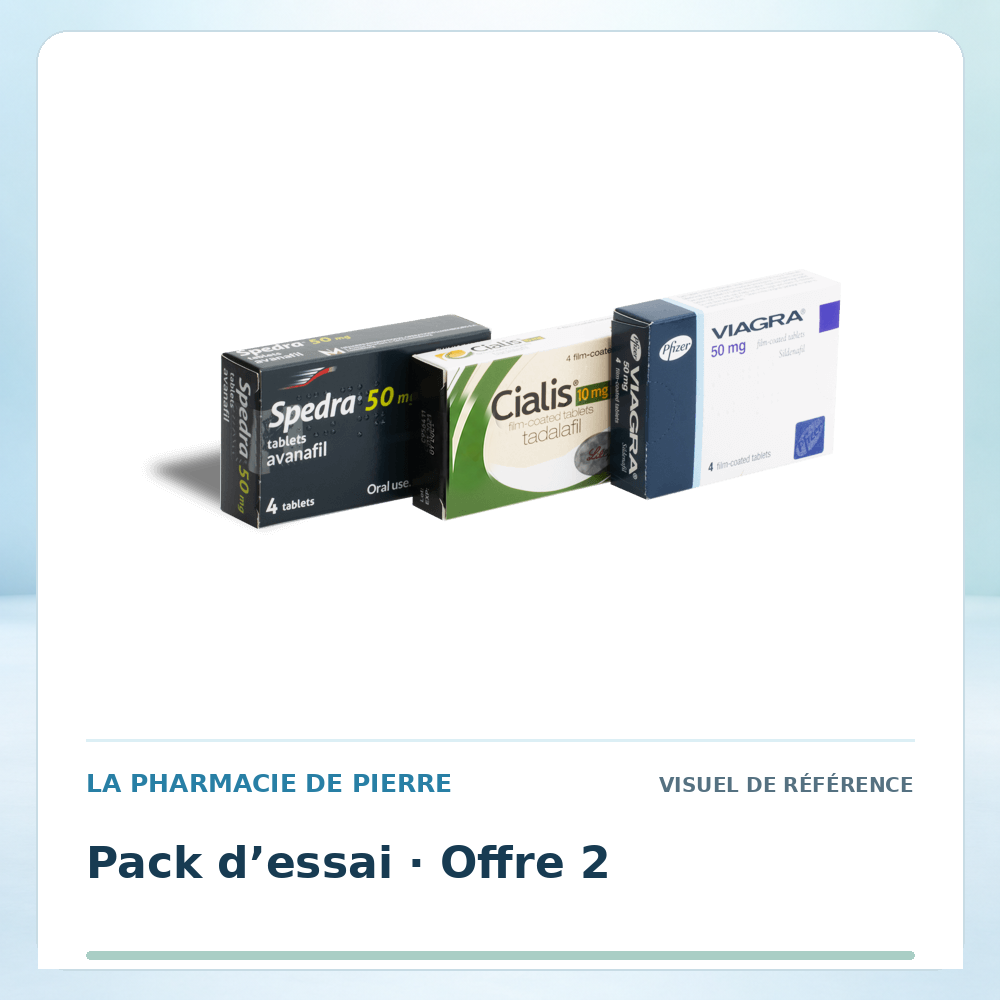 Visuel de référence : Pack d’essai n°2 Viagra 50 mg × 4 + Cialis 10 mg × 4 + Spedra 50 mg × 4 — 1 pack