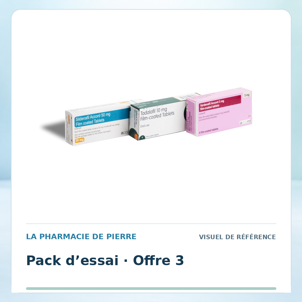 Visuel de référence : Pack d’essai n°3 Sildénafil 50 mg × 4 + Tadalafil 10 mg × 4 + Vardénafil 5 mg × 4 — 1 pack