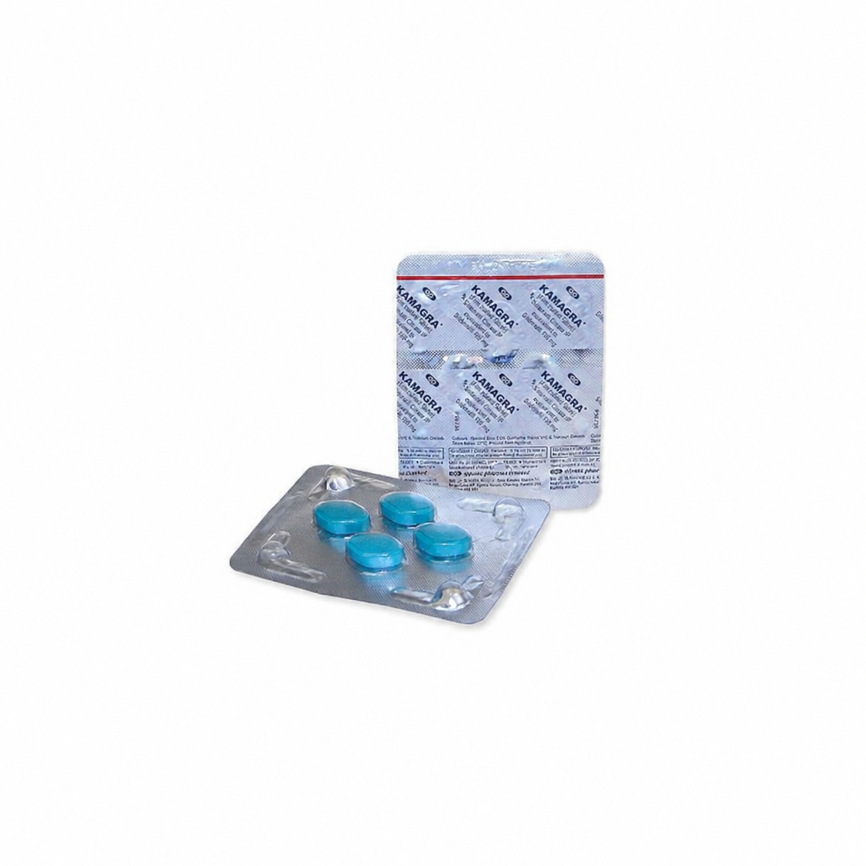 Deux plaquettes portant le nom Kamagra, dont une avec quatre comprimés turquoise visibles.
