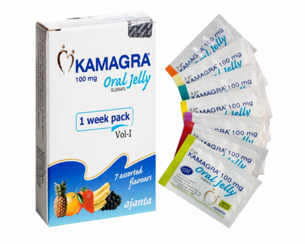 Boîte Kamagra Oral Jelly 100 mg et sachets disposés en éventail sur fond blanc.